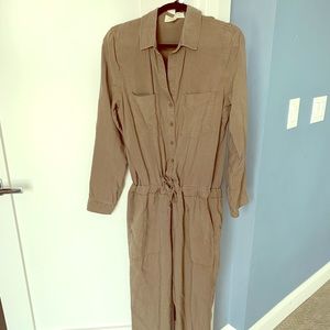 Full length dark khaki jumpsuit.
